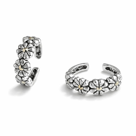 925 Sterling Silver Antique Multi-Flower Toe Ring with Marcasite Accents