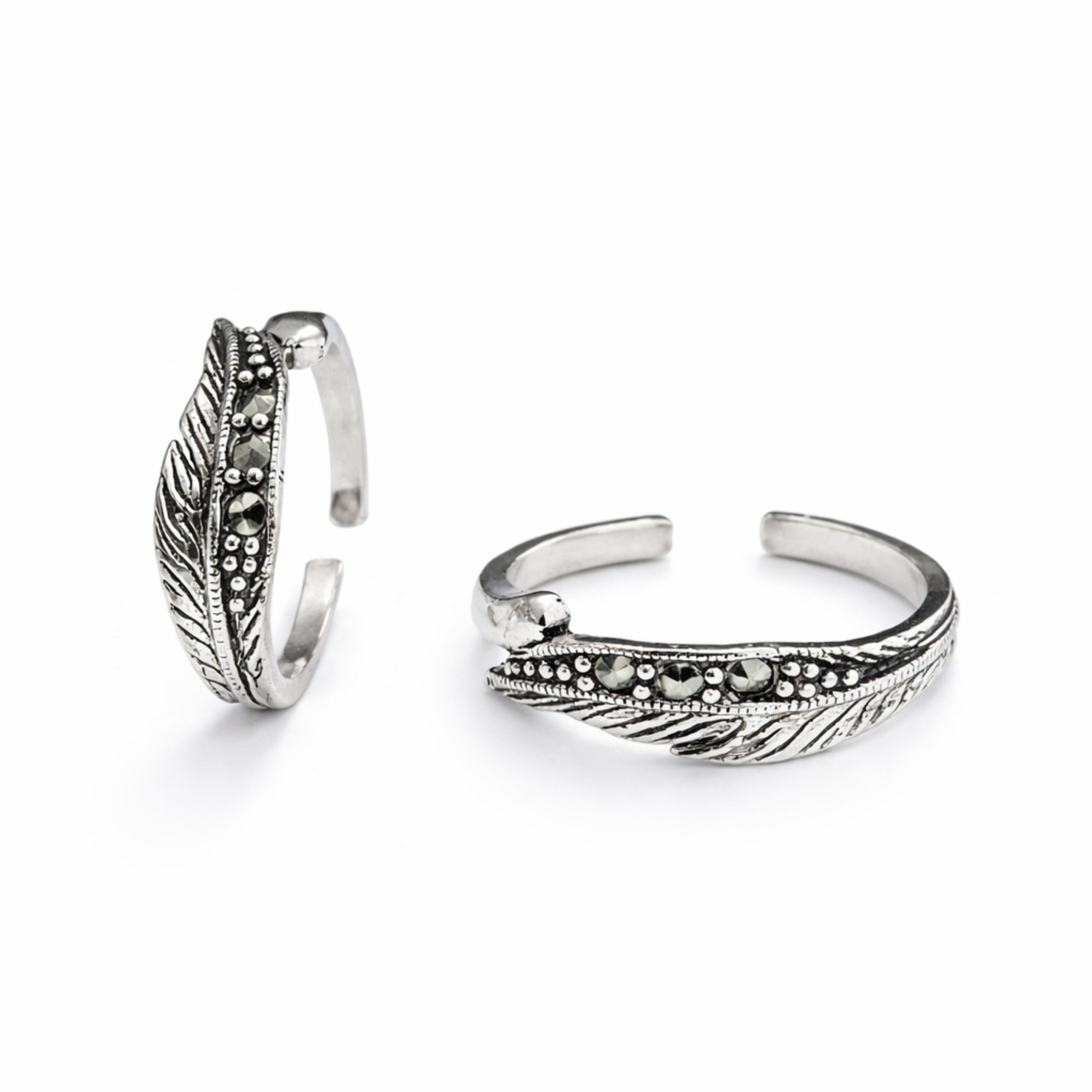 925 Sterling Silver Antique Feather Design Toe Ring with Marcasite Stones