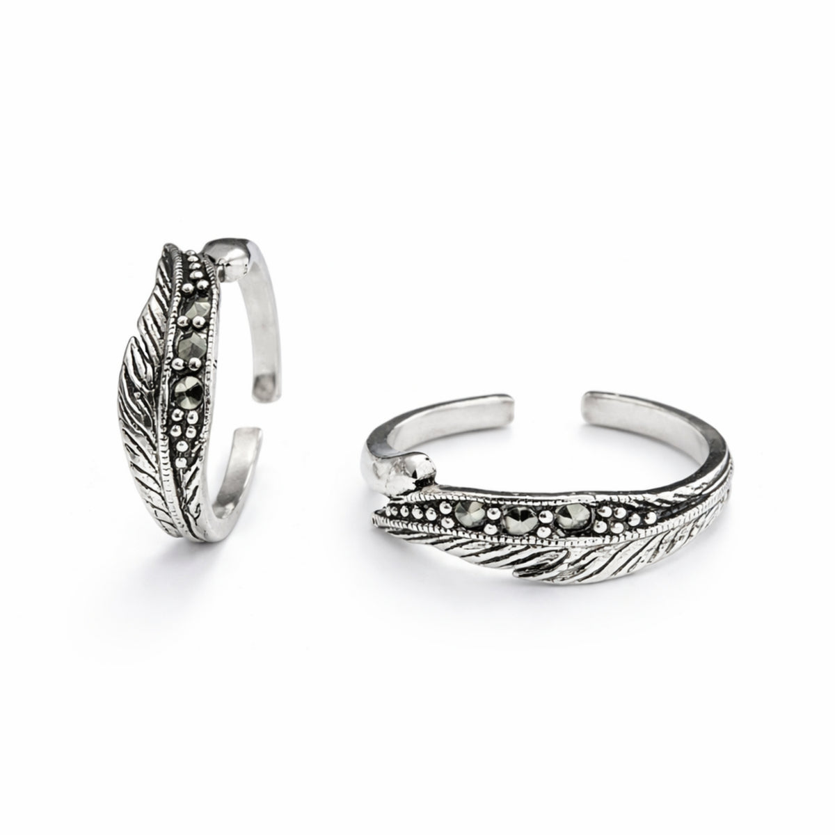 925 Sterling Silver Antique Feather Design Toe Ring with Marcasite Stones