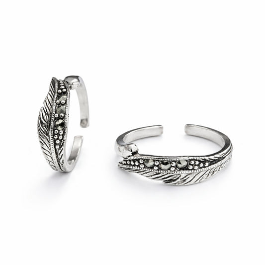 925 Sterling Silver Antique Feather Design Toe Ring with Marcasite Stones