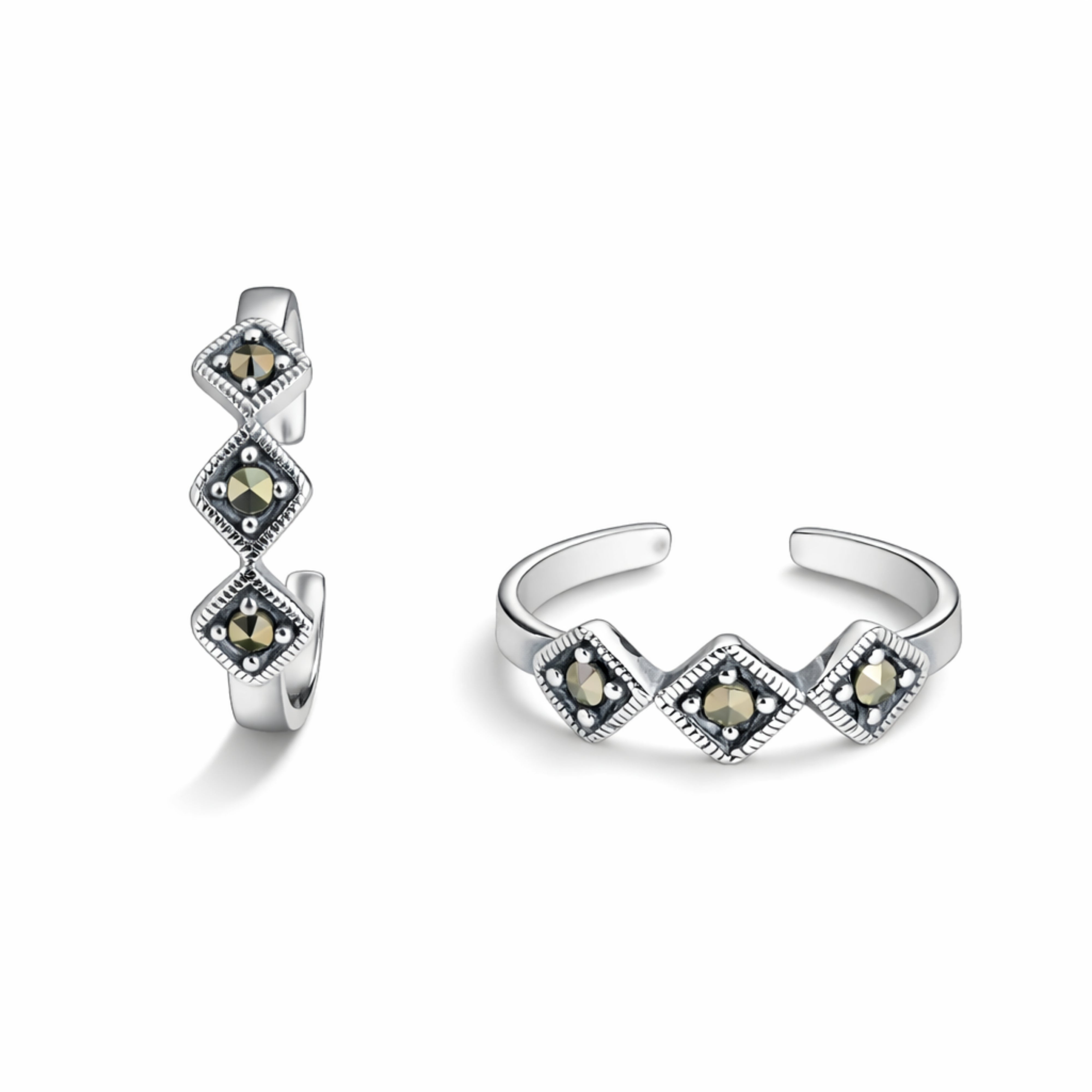 925 Sterling Silver Geometric Diamond Shape Toe Ring with Marcasite Stones