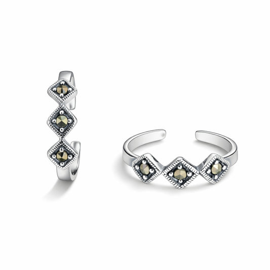 925 Sterling Silver Geometric Diamond Shape Toe Ring with Marcasite Stones