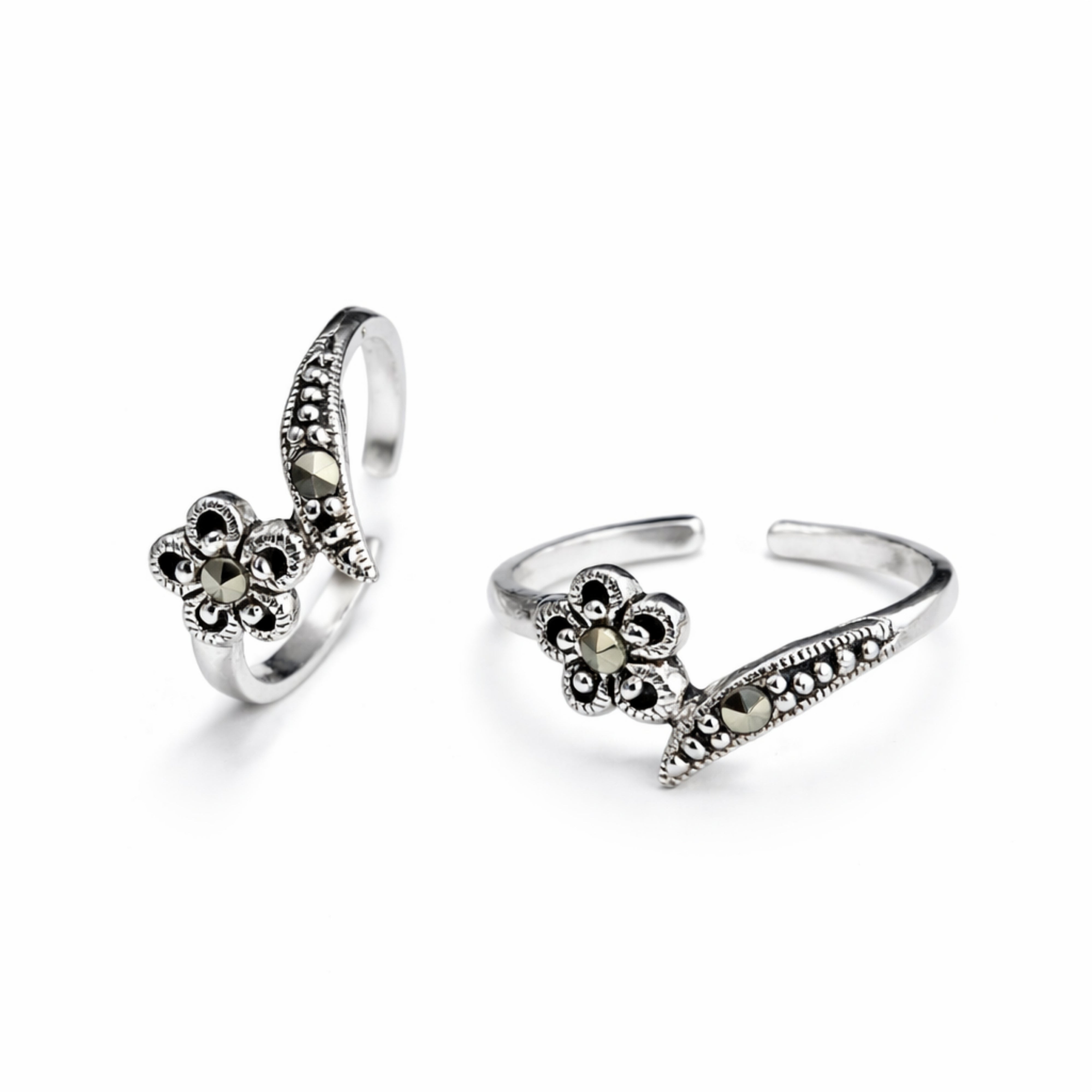 925 Sterling Silver Antique Floral Curve Toe Ring with Marcasite Stones
