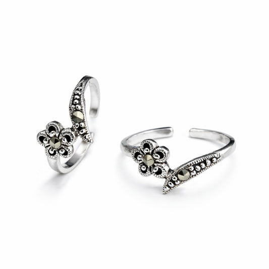 925 Sterling Silver Antique Floral Curve Toe Ring with Marcasite Stones