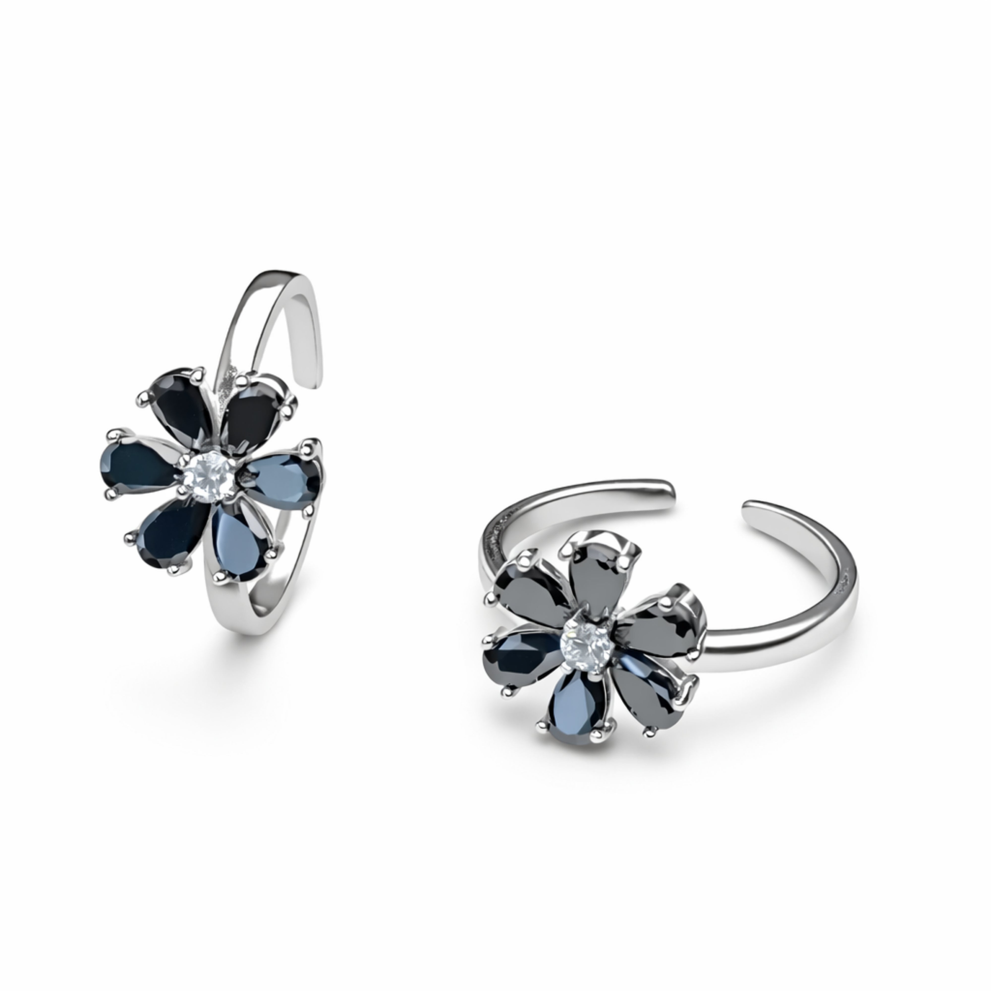 925 Sterling Silver Blue Stone Floral Toe Ring with Crystal Center
