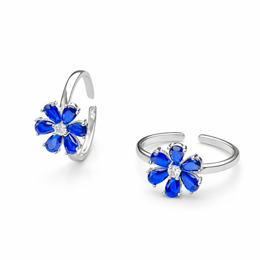925 Sterling Silver Royal Blue Floral Toe Ring with Crystal Center