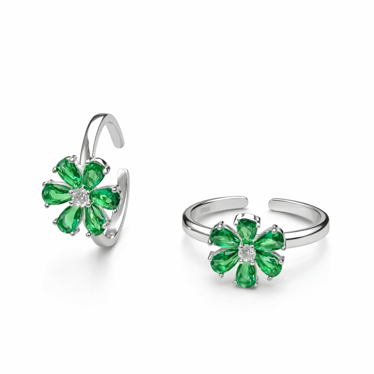 925 Sterling Silver Emerald Green Floral Toe Ring with Crystal Center