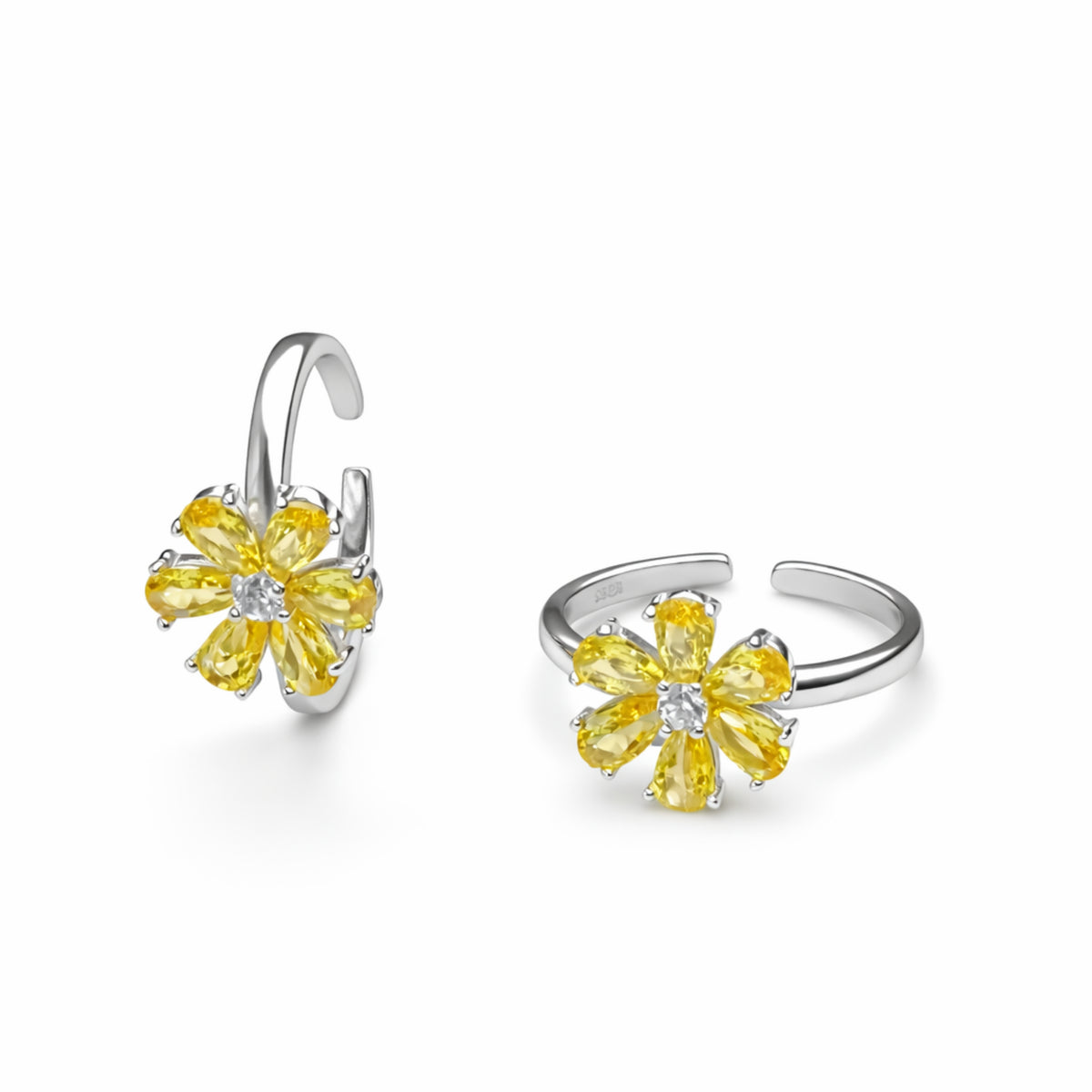 925 Sterling Silver Golden Yellow Floral Toe Ring with Crystal Center