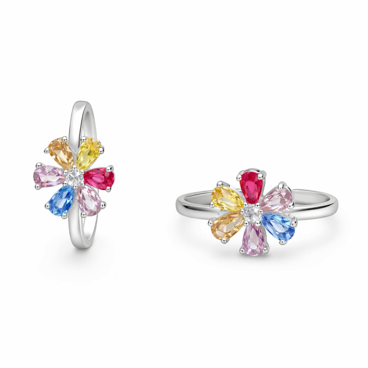 925 Sterling Silver Multicolor Floral Toe Ring with Crystal Center