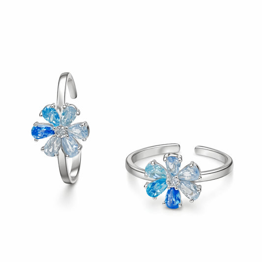 925 Sterling Silver Ocean Blue Gradient Floral Toe Ring with Crystal Center