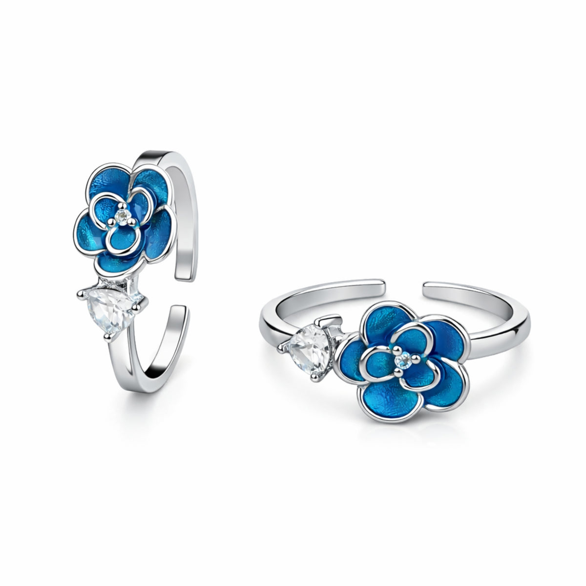 925 Sterling Silver Blue Enamel Floral Toe Ring with Crystal Accent