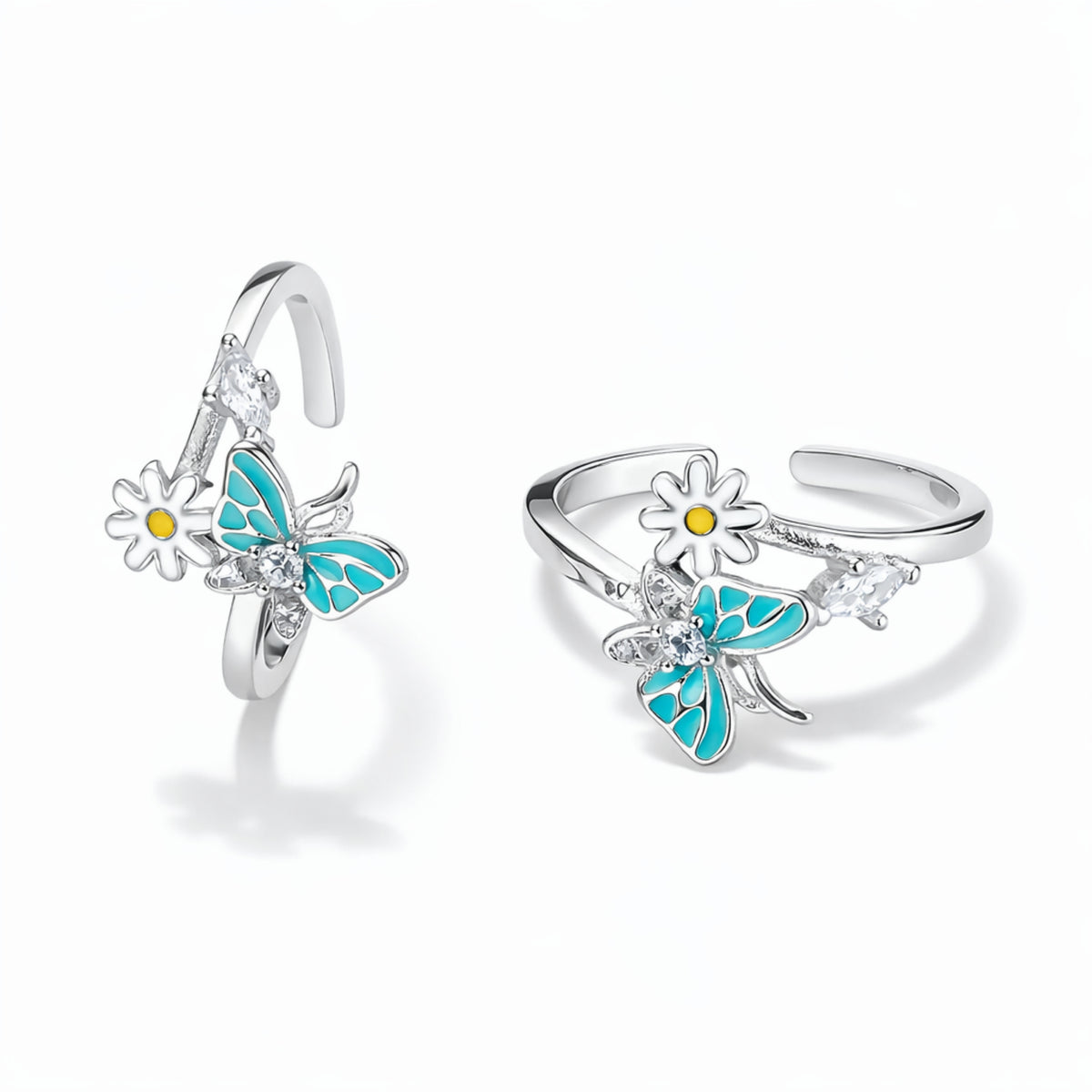 925 Sterling Silver Butterfly & Daisy Floral Toe Ring with Blue Enamel and Crystal Accents
