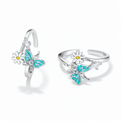 925 Sterling Silver Butterfly & Daisy Floral Toe Ring with Blue Enamel and Crystal Accents