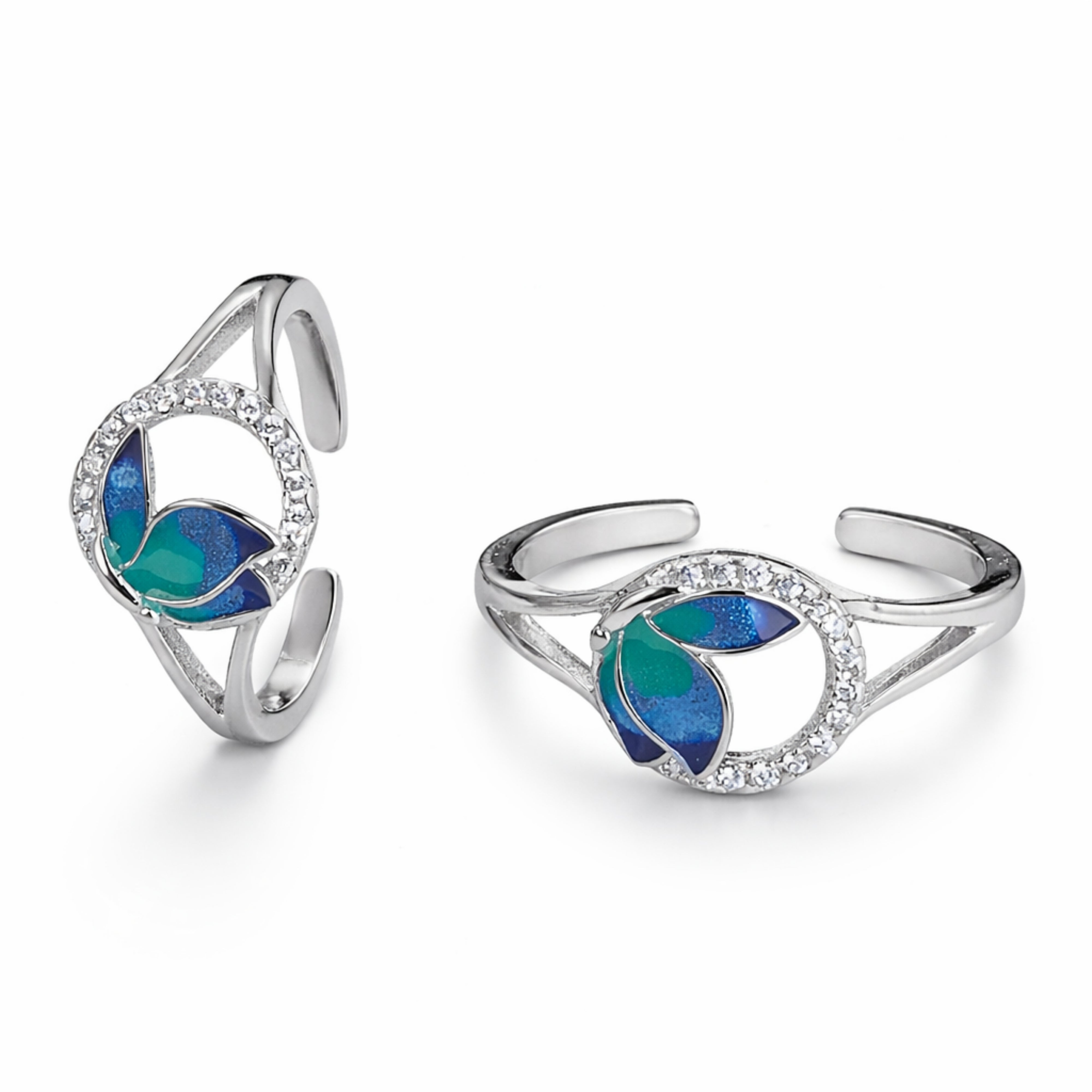 925 Sterling Silver Blue Green Enamel Leaf Toe Ring with Crystal Halo Design